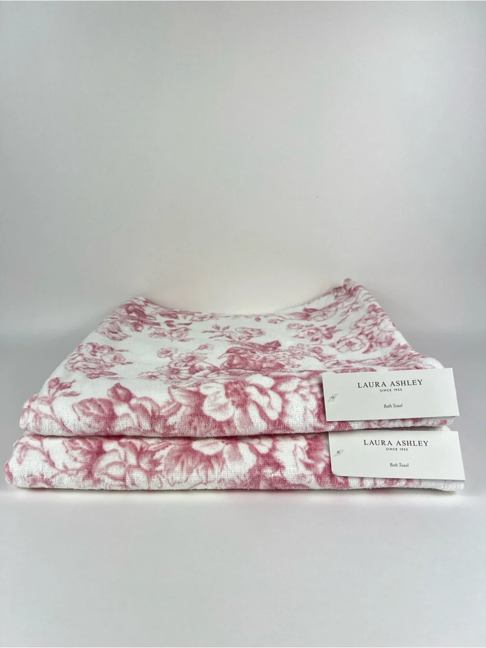 Laura Ashley Bath Towels Pink White Toile Floral Soft Velour Cotton 2 Pc Set NEW